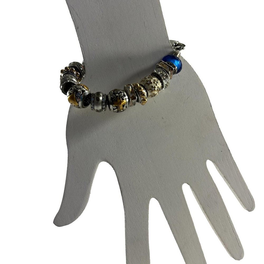 Silver Tone Beaded Slide Bracelet Mom Bead Blue Rhinestones Gold Tone Enamel  7"